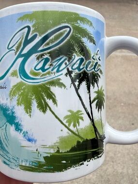 Hawaii Tropical Palm Tree Coffee Mug - White with Green & Blue Print